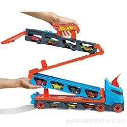 Hot Wheels Camión de transporte convertible en pista para coches de juguete almacena 20 vehículos incluye 3 die-casts (Mattel GVG37)