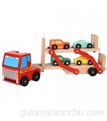 Toys of Wood Oxford TOWO Camión de Madera portacoches Juguete - Camión transportador con Remolque de Dos Pisos y 4 Coches de Madera - Juguetes de Madera del Coche para niños
