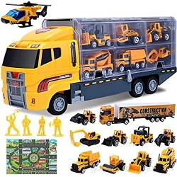 Camión de Ingeniería 16 Piezas Juguetes de VehíCulos de Construcción Alfombra Educativa se TráFico Camiones Modelos de Trabajadores Juguete para Niños 3 4 5 6 Años (16 in 1)
