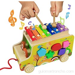 yoptote Silofono Niños Xilófono Música de Madera Juguetes Musicales Remolque de Madera Multifuncional para Niños Mayores de 3 Años