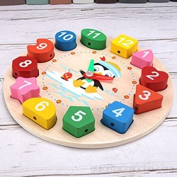 LEERAIN Reloj de pared reloj digital con geometría bloqueada de madera dibujos animados pingüino enseñanza tiempo número juguete para niños