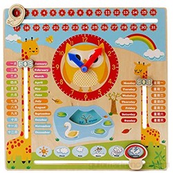 Niño Juguetes educativos Reloj Educativo de Madera Calendario Tablero de Enseñanza Temporada Tiempo para Niños de 3 Años en Adelante (Madera)