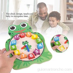 Reloj de forma de madera reloj de rana búho de dibujos animados lindo juego de aprendizaje de rompecabezas digital de tiempo juguete educativo de la primera infancia (Frog)