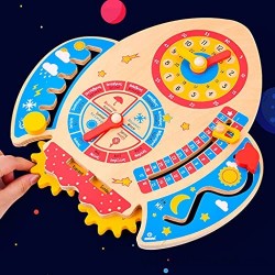 Rocket Wooden Board con Clock Season Time para aprender a gatear y explorar Brain Game Interactive Busy Board Toys Interactivo juguete para bebés de 12 a 18 meses