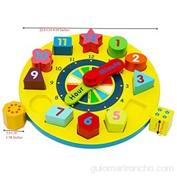 TOWO Juguete de Reloj de Madera educativo con Piezas de números para aprender la hora - Reloj de Rompecabezas para niños - Juegos educativos de clasificación con numeros y formas geometricas.