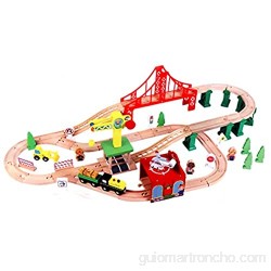 Juego de ferrocarril de madera grande con estación de ferrocarril grúa puente rieles juego de madera