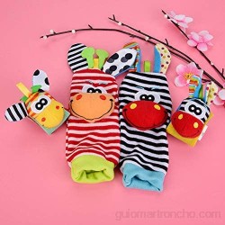 Calcetines y Muñeca para Bebé 4pcs bebé calcetines y muñequeras sonajero juguetes conjunto de dibujos animados animales de peluche muñecas con anillo de campana(#4)
