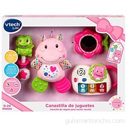 VTech - Canastilla de juguetes estuche de regalo para bebé recién nacido que incluye peluche mordedor sonajero piano interactivo y espejo de seguridad color rosa (80-522057)