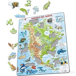 Larsen A32 América del Norte Mapa físico con Animales edición en Español Puzzle de Marco con 66 Piezas