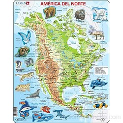 Larsen A32 América del Norte Mapa físico con Animales edición en Español Puzzle de Marco con 66 Piezas