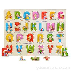FLORMOON Puzzles de Madera Números Letras y Frutas Juguetes Educativos Rompecabezas de Clavijas de Madera para 1 2 3 + años para niños pequeños niña (Paquete de 3)