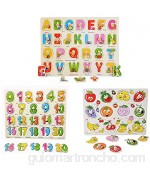 FLORMOON Puzzles de Madera Números Letras y Frutas Juguetes Educativos Rompecabezas de Clavijas de Madera para 1 2 3 + años para niños pequeños niña (Paquete de 3)