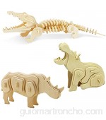 Georgie Porgy Modelos de Animales de Madera en 3D Kit de Construcción de Artesanía en Madera de Rompecabezas ños de Edad para Niños de 5+ (3 Piezas Cocodrilo Hipopótamo Rinoceronte)