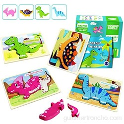 IMMEK Dinosaurios Puzzle de Madera Juguetes Bebes para Niños de 1 2 3 4 5 Años Montessori Educativos Regalos 3D Animales Patrón Puzles 4 Piezas con Libro Pintura de 12 Páginas Multicolor