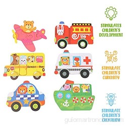 Vehículos rompecabezas de madera - rompecabezas juguetes educativos del sistema aprendizaje educativo y sensorial para niños pequeños juguete regalos de cumpleaños juego de 6 con una caja colorida