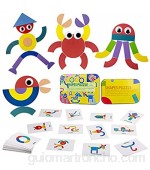 ZWOOS Tangram Madera Formas y Colores Puzzles de Madera 36 Montessori Puzzle de Madera + 50 PCS Diseño Tarjetas de Apilamientos Juegos y Juguetes Educativos Clasificación de la Infancia