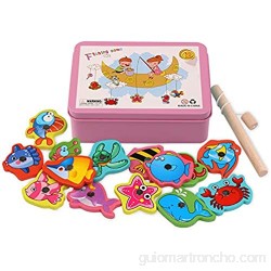 WFZ17 Juguete de aprendizaje para niños juguete de pesca magnético de madera para niños simulación de océano peces intelectuales color rosa