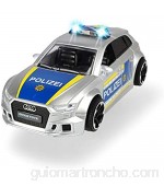 Dickie Toys 203713011 Audi RS3 - Coche de policía con fricción con Accesorios y Bloqueo de Carretera luz y Sonido Incluye Pilas Escala 1:32 15 cm a Partir de 3 años Color Plateado y Azul