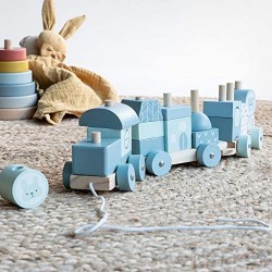 Navaris Tren de Madera para niños - Tranvía para bebé con Cordel de Arrastre 3 Bloques y 20 Piezas para Jugar - Ferrocarril de Juguete con Ruedas